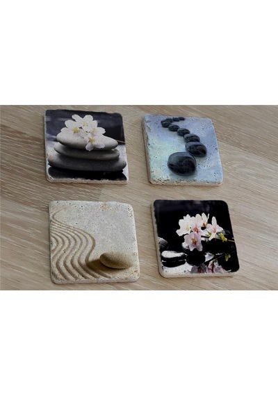 Spa Taşları Ve Kiraz Çiçeği Doğal Taş Bardak Altlığı 4'lü Set - Natural Stone Coasters - Taş Çok Renkli