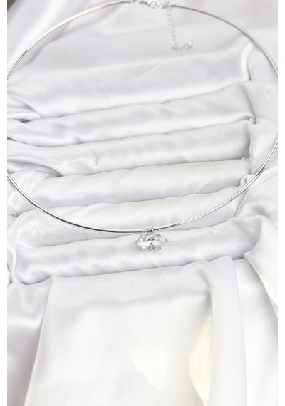 Pirinç Gümüş Renk Choker Model Zirkon Taşlı Kadın Kolye - Gümüş