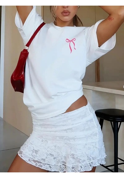 Kadın Tişört Fiyonk Baskılı Bisiklet Yaka Yazlık Kısa Kol Oversize T-shirt - Beyaz