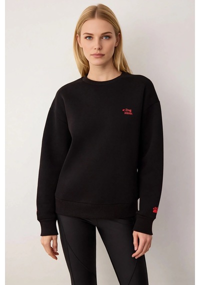 Benerly Kadın Bisiklet Yaka Düşük Kol Nakışlı Örme Sweatshirt Fonksiyonel siyah