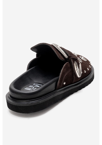 Luvishoes Maril Kahverengi Süet Hakiki Deri Kemerli Tokalı Burnu Kapalı Kadın Terlik Kahverengi