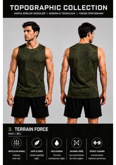 Beydex Erkek Nem Emici Hızlı Kuruma Topographic Collection Sporcu Sıfır Kol T-shirt Gym Haki