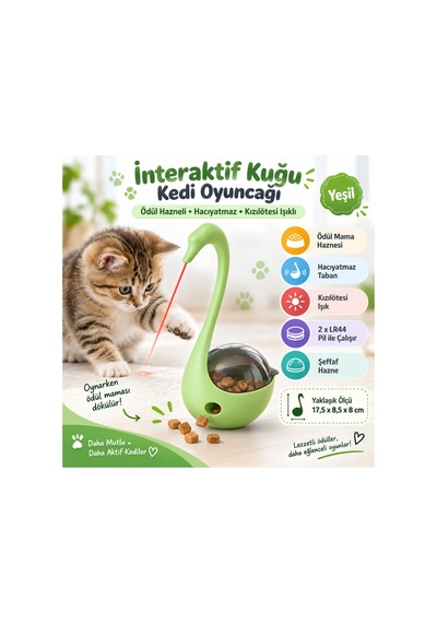 İnteraktif Kuğu Hacıyatmaz Kedi Oyuncağı Ödül Mama Hazneli Kızılötesi Işıklı - Yeşil