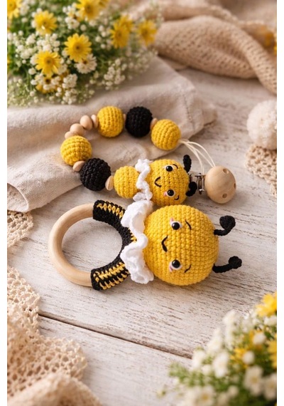 Amigurumi Arı Diş Kaşıyıcı & Emzik Zinciri Seti El Yapımı Bebek Ürünü Çok Renkli