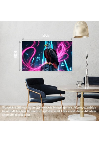 Kartal Fütüristik Bir Şehirde Neon Parıltı Stili 03 Çerçevesiz 50x30 Cm Pvc Tablo