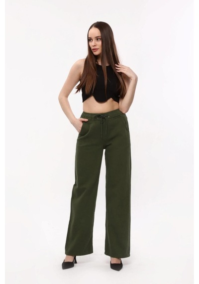Kene Jeans Kadın Haki Beli İpli Lastikli Bol Paça Pantolon Haki