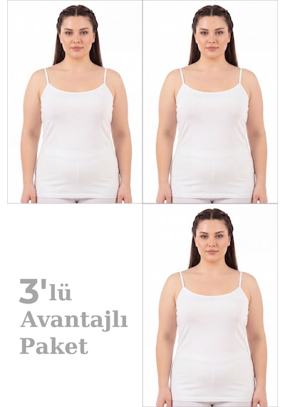 Arma Yıldız Kadın Büyük Beden İp Askılı Atlet Pamuklu Likralı Yumuşak Esnek Kumaş 3'lü Paket Beyaz