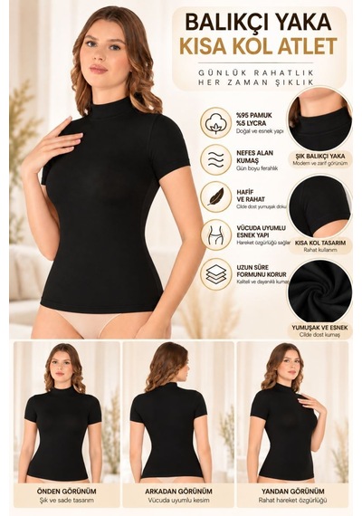 Kadın Balıkçı Yaka Kısa Kol Atlet Siyah, Esnek Kumaş, Vücuda Oturan Basic Body - Ryl - 2611 M