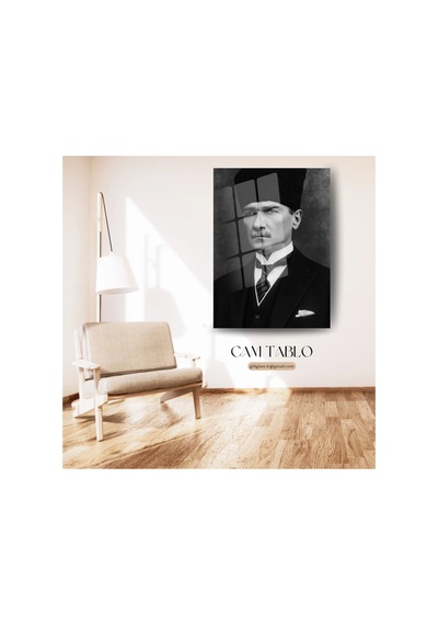 Gazi Mustafa Kemal Atatürk Resmi Portre Siyah Beyaz Dekoratif Cam Tablo