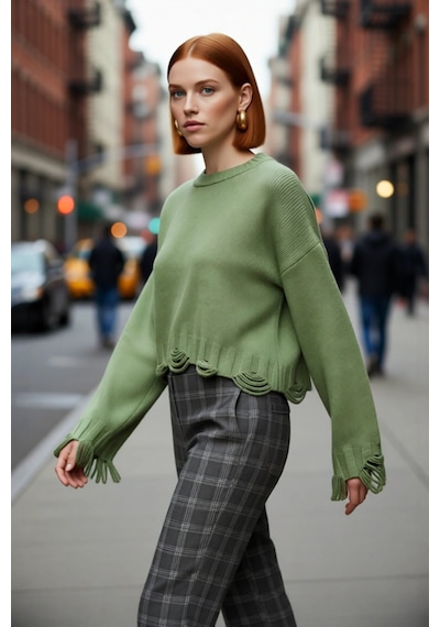 Ersefa Kadın Casual Crop Oversize Bisiklet Yaka Triko Kazak Düşük Kol Ak Haki