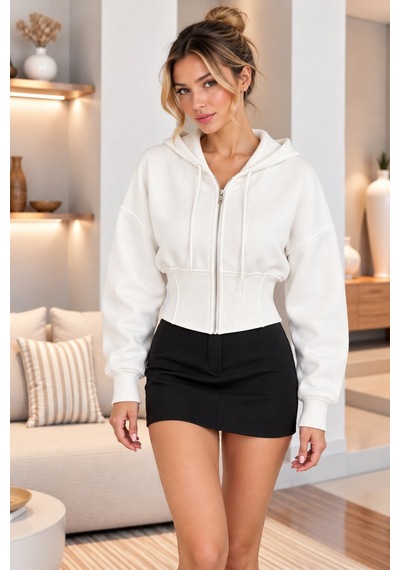 Lima Beyaz Kadın Kapüşonlu Fermuarlı Crop Sweatshirt Beli Korse Detaylı Uzun Kollu Oversize Sweat Lima Beyaz Kadın Kapüşonlu Fermuarlı Crop Sweatshirt Beli Korse Detaylı Uzun Kollu Oversize Sweat