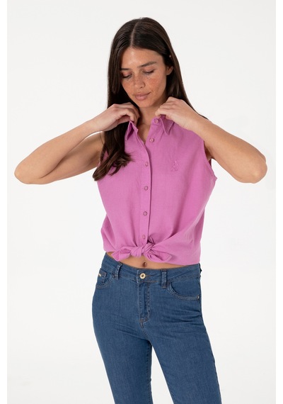 U.S. Polo Assn. Kadın Fuşya Keten Karışımlı Kısa Kollu Gömlek 50298111-VR023 U.S. Polo Assn. Kadın Fuşya Keten Karışımlı Kısa Kollu Gömlek 50298111-VR023