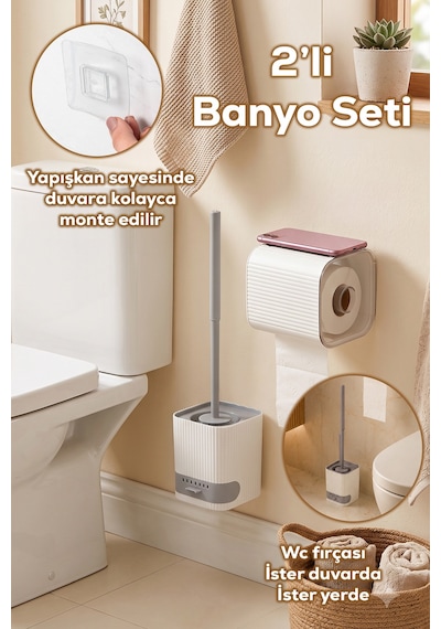 Porsima 2li Banyo Seti Yapışkanlı Banyo Tuvalet Kağıtlığı Tuvalet Fırçası Peçetelik Tuvalet Fırçalığı Beyaz Gri Beyaz - Gri