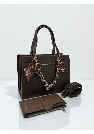 Just Polo Kadın Gold Zincirli Şal Detaylı Şık El & Omuz Çantası Ve Cüzdanı Kombin Shopper Ebat: 20 X 25 Cm Kahverengi