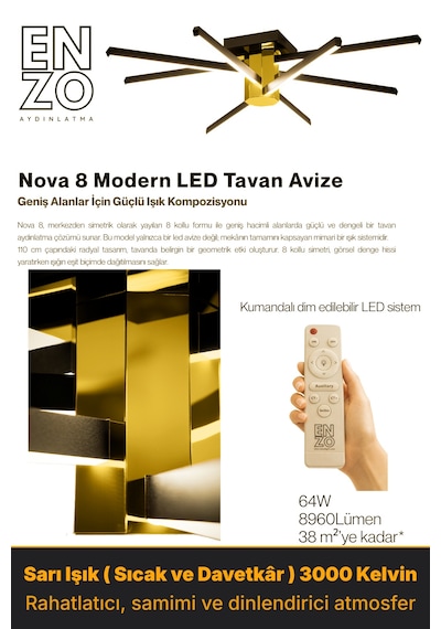 Nova 8 Gold Led Tavan Avize Kumandalı Dim Edilebilir Aşağı Işık Sarı Işık