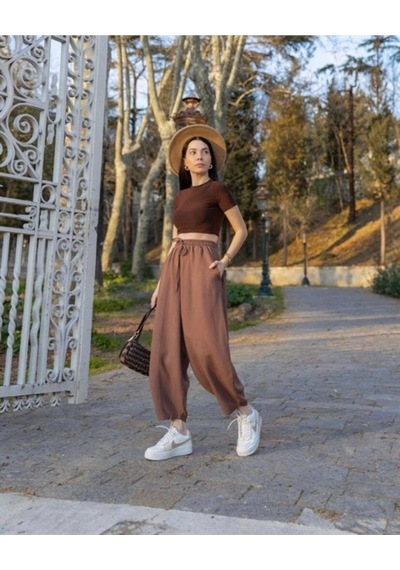 Chiklet Belden Lastikli Ayrobin Şalvar Pantolon Kahverengi