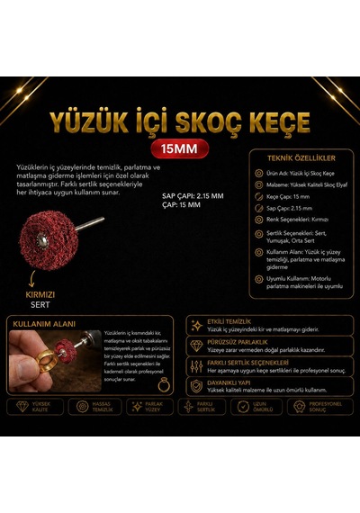 Kuyumcu Tipi Yüzük İçi Polisaj Keçesi 15 Mm Kırmızı Renk Sert