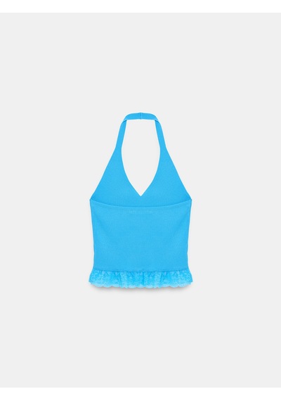 Dilvin 10868 Dantel Detaylı Halter Yaka Triko Bluz-turkuaz