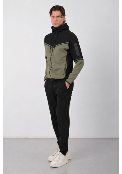 Dechers Erkek Siyah Tech Fleece Double Face Kapüşonlu Fermuarlı Eşofman Takımı - E228 Haki