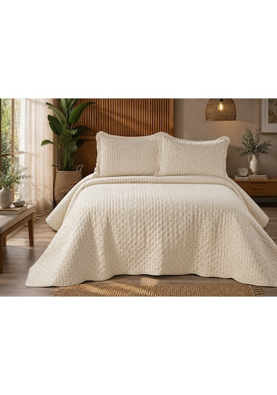 Kapreo Home Viona Çift Kişilik Renkli Nakışlı Premium Kadife Yatak Örtüsü Seti 250x260 Cm Bej - Krem