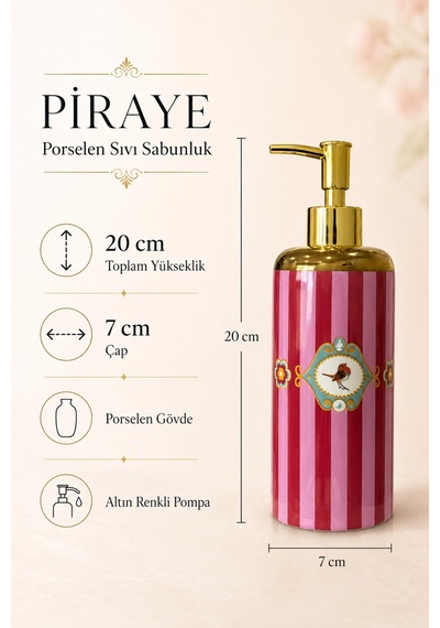 Piraye Porselen Love Birds Sıvı Sabunluk Altın Renkli Dekoratif Banyo Ve Mutfak Aksesuarı , 20 X 7 Cm Pembe - Kırmızı