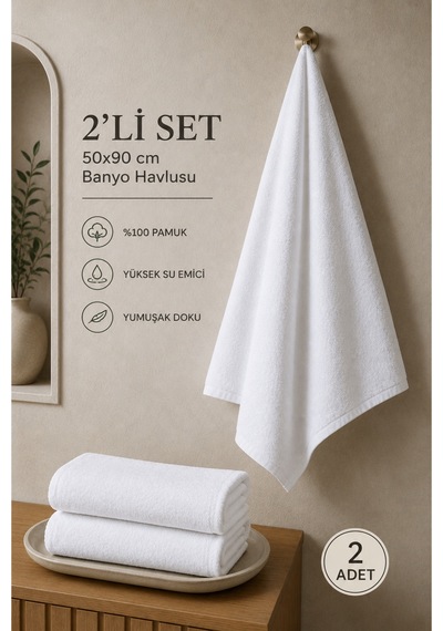 2'li Banyo Havlusu 530gr 70x140 Cm %100 Pamuk Yumuşak Yüksek Su Emici Beyaz Havlu Seti