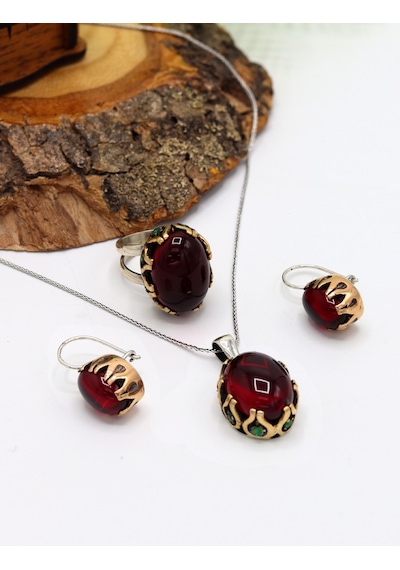Lal Taşlı El İşi Otantik Gümüş Kadın Üçlü Set 201024833 Gümüş