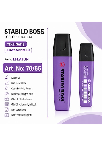 Boss Fosforlu Kalem 1 Adet Metin İşaretleme Kalemi Eflatun