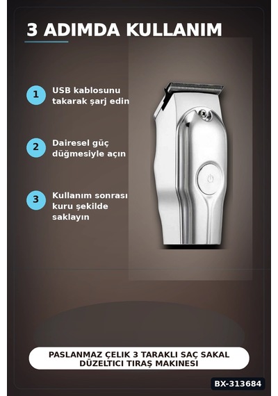 Lexroo Şarjlı Saç Sakal Düzeltici Tıraş Makinesi Seti 3 Taraklı 4