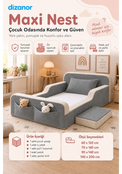 Dizanor Yeni Nesil Maxi Nest %100 Sünger Ve Yıkanabilir Fermuarlı Kumaşa Sahip Bebek, Çocuk Ve Genç Montessori Karyola Baza Ve Başlık Yatağı Seti - Gri - Bej - 70 X 140 Dizanor Yeni Nesil Maxi Nest %100 Sünger Ve Yıkanabilir Fermuarlı Kumaşa Sahip Bebek, Çocuk Ve Genç Montessori Karyola Baza Ve Başlık Yatağı Seti - Gri - Bej - 70 X 140
