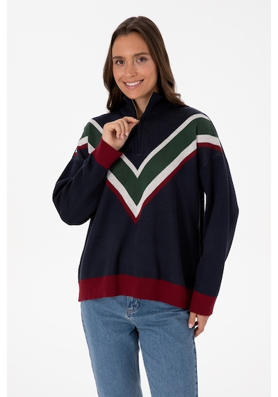 U.S. Polo Assn. Kadın Lacivert V Yaka Fermuarlı Kazak 50309614-VR033