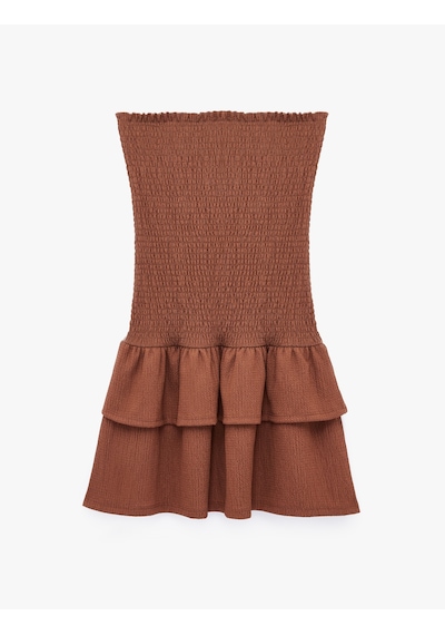 Koton Bürümcük Kumaş Katlı Volanlı Slim Fit Gipeli Straplez Mini Elbise Kahverengi 6sal80243ık Kahve