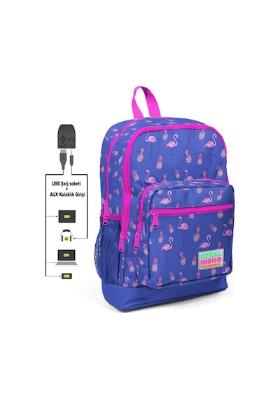 Coral High Kids Dört Gözlü Kız Çocuk İlkokul Çantası Flamingolar Baskılı - USB+AUX 23276Soketli