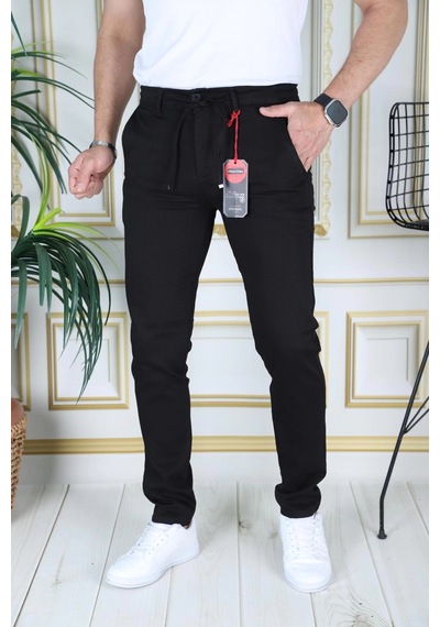 Phantom Jeans Erkek Siyah Slim Fit Esnek Likralı Armürlü Keten Pantolon Bağcıklı Kemerli Beli Lastikli Şık Pantolo Siyah