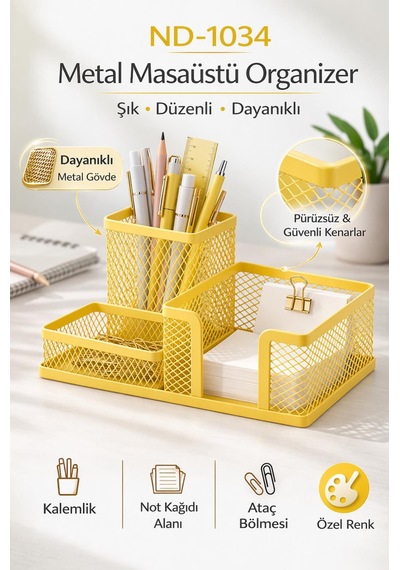 Need Nd-1034 Metal Mesh Masaüstü Organizer 3 Bölmeli, Çok Amaçlı Düzenleyici Sarı
