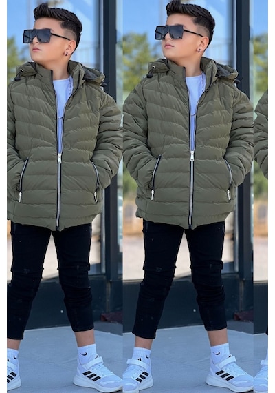 Pina Kids Erkek Çocuk Çıkarılabilir Kapüşonlu Sık Dikişli Nova Kumaş Kışlık Şişme Mont Km4016 Haki