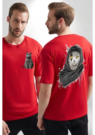 Safari Kedi Şal Eşarp Kırmızı Oversize Unisex Ön Ve Sırt Baskılı Tişört Kırmızı