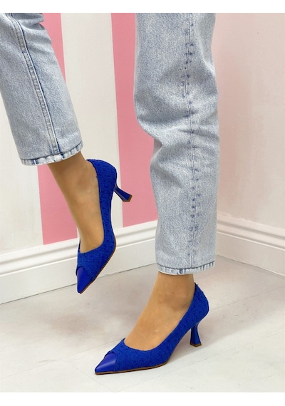 Ervanın Butiği Saks Mavi Tüvit (Tress) Maskelet Detay Kadın Stiletto Saks Mavi