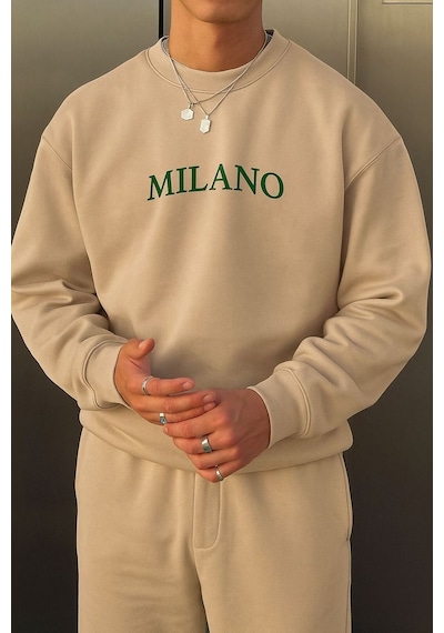 Benroma 3 İplik Penye Milano Baskılı Unisex Sweatshırt Bej