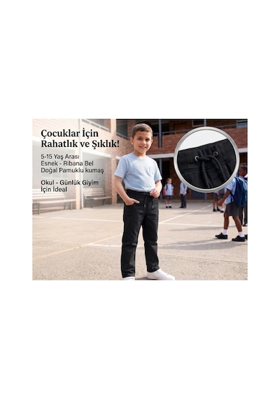 Erdem Kıds Unisex Erkek Kız Çocuk Ribana Bel Lastikli Boru Paça Kanvas-keten Keten Siyah Okul Pantolonu Siyah Siyah