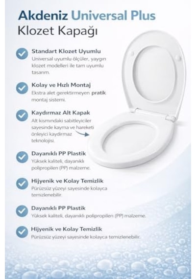 Akdeniz Universal Klozet Kapağı  Her Modelle Uyumlu, Kaydırmaz Alt Kapaklı, Kolay Montajlı, Kolay Temizlenebilir, Dayanıklı Yapı,  Açık Bej