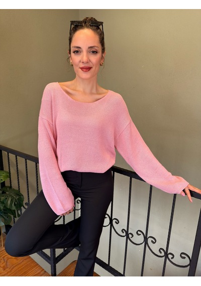 Ali Butik Pembe Oval Yaka Dökümlü Triko Pembe