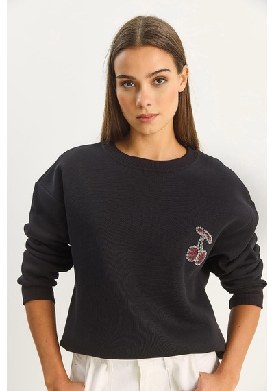 Shade Kadın Bisiklet Yaka Kiraz Taş İşlemeli Üç İplik Şardonlu Sweatshirt 60601047 - Siyah