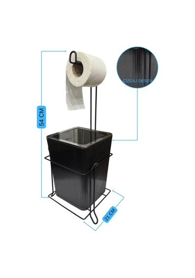 Suntel Lüks Banyo Mutfak Çöp Kovası Metal Standlı Tuvalet Kağıtlık Seti Siyah