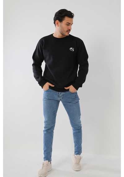 Erkek Siyah Renk Kapşonsuz Baskılı Sweatshirt Siyah