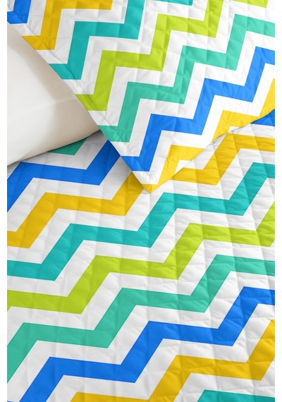 Mavi Zigzag Geometrik Genç Odası Tek Kişilik Pike Takımı - Renkli 160x220 Cm Kapitone Yatak Örtüsü Bohem Kil Kabuğu