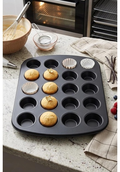 24'lü Mini Muffin Kalıbı Yanmaz Yapışmaz Karbon Çelik Kek Ve Kapkek Fırın Tepsisi 39.5x24.5 Cm Gri