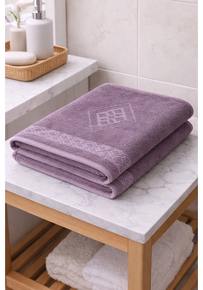 Eponj %100 Pamuk 70x140 Jakarlı Banyo Havlusu 450 Gr Kendinden Desenli Mor