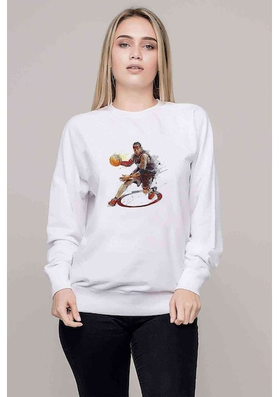 Basketci Basketbol Spor Baskılı Beyaz Kadın Sweatshirt