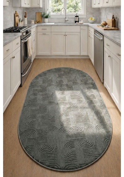 Raschel Carpet Yıkanabilir Oval Elips Leke Tutmaz Emboss Bohem Koyu Gri Mutfak Halısı Özel Seri Kaymaz Taban Halı Antrasit